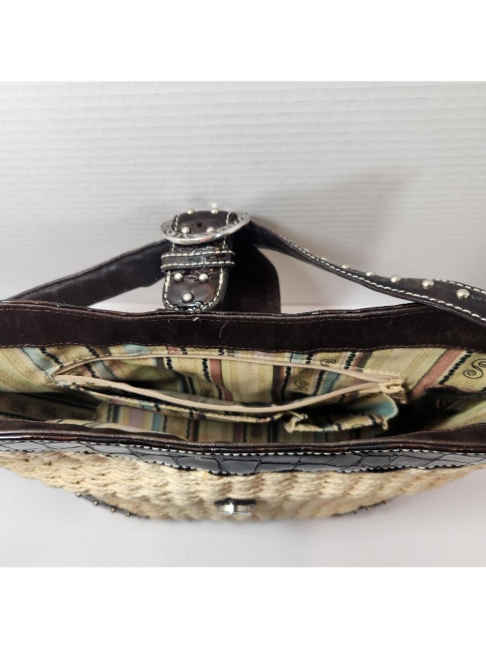 Brighton Woven Tan Straw Studded Brown Leather Handbag Purse Bag DEFECT STRAP - Picture 16 of 16